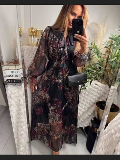 Sukienka maxi z wiązanym dekoltem i żabotem
